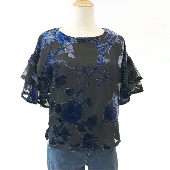 Lily White Black and Bluish Purple Velvet Top Floral blouse Ruffled Sleeves - Picture 1 of 13